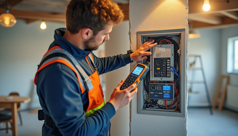 Tableau électrique propre avec un électricien vérifiant les connexions dans un logement rénové