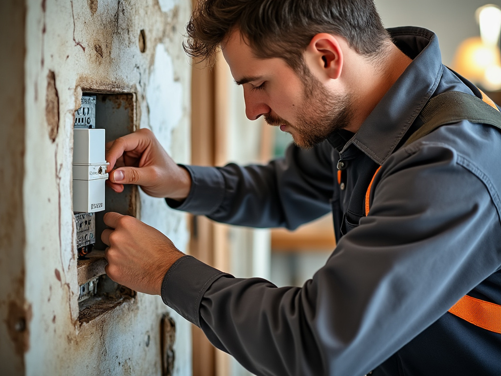 Électricien professionnel contrôlant un disjoncteur différentiel dans un tableau électrique
