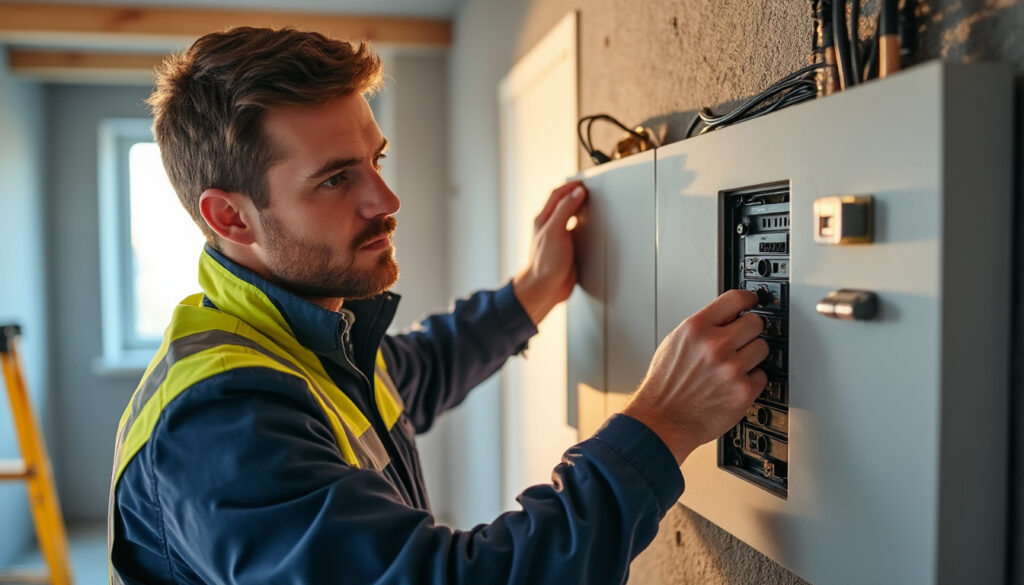 Électricien vérifiant tableau électrique propre dans logement rénové