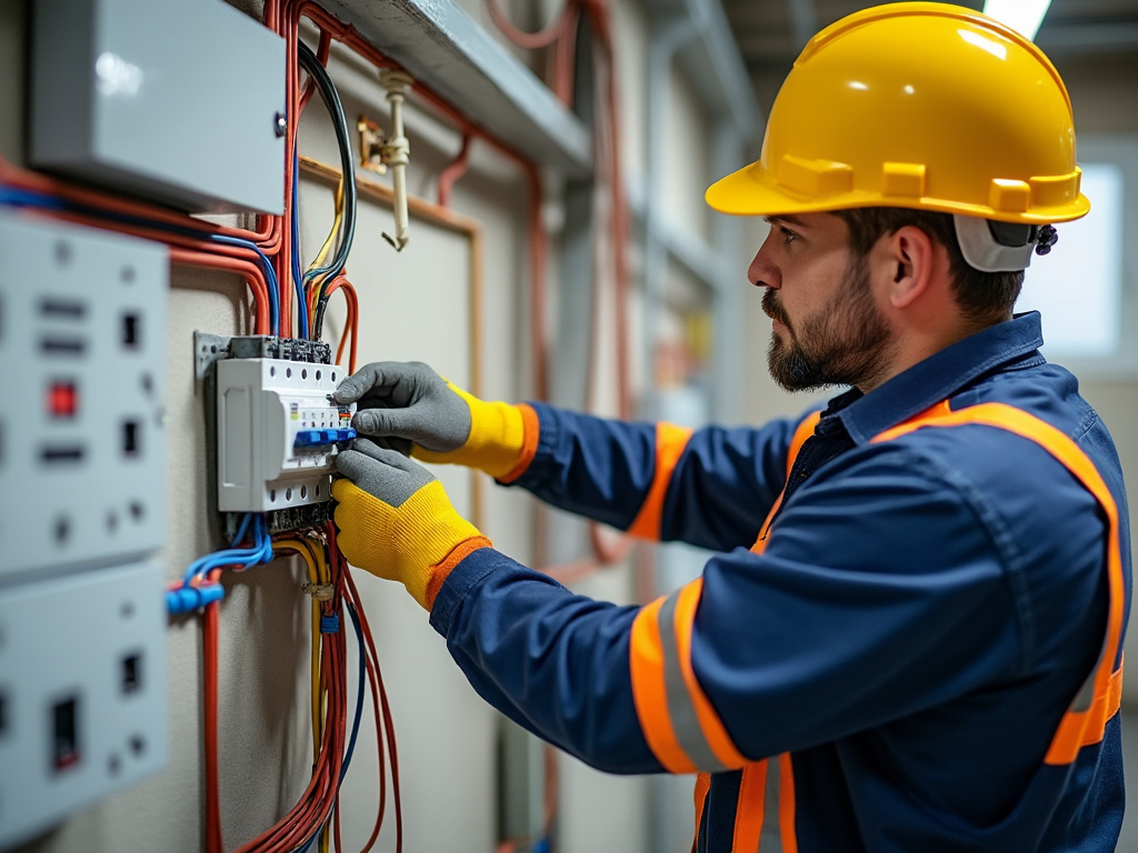 Électricien au travail sur disjoncteur
