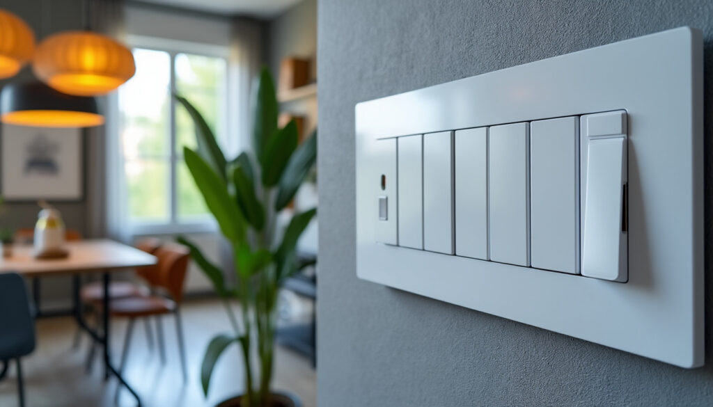 Tableau électrique moderne avec disjoncteurs dans un logement rénové