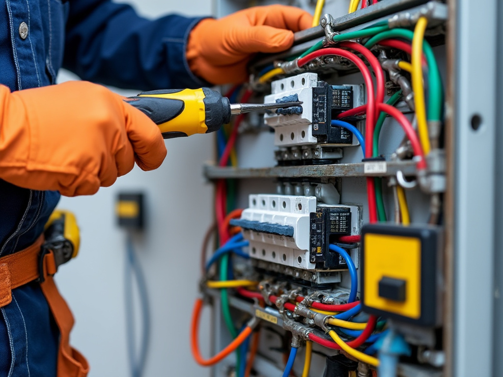Electricien controlant un tableau électrique à fusibles et disjoncteurs