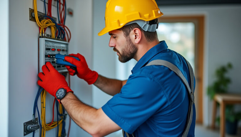 Électricien en intervention sur un tableau électrique propre dans un logement rénové