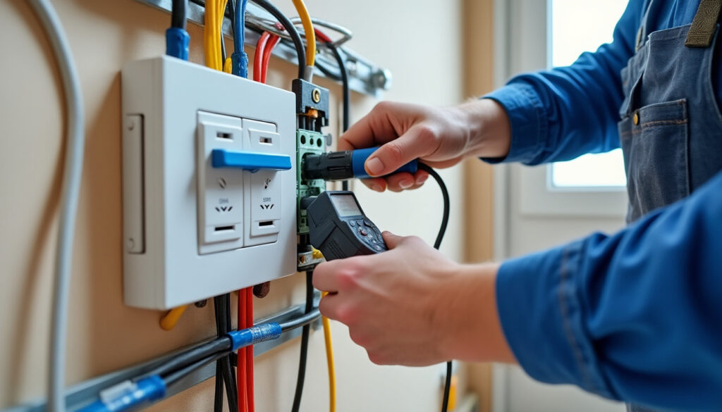 Tableau électrique avec disjoncteur différentiel en cours de branchement par un électricien
