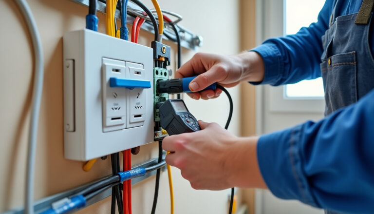 Tableau électrique avec disjoncteur différentiel en cours de branchement par un électricien