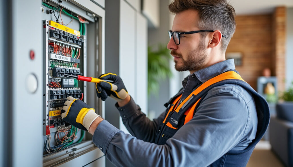 Tableau électrique moderne propre dans un logement rénové avec un électricien intervenant