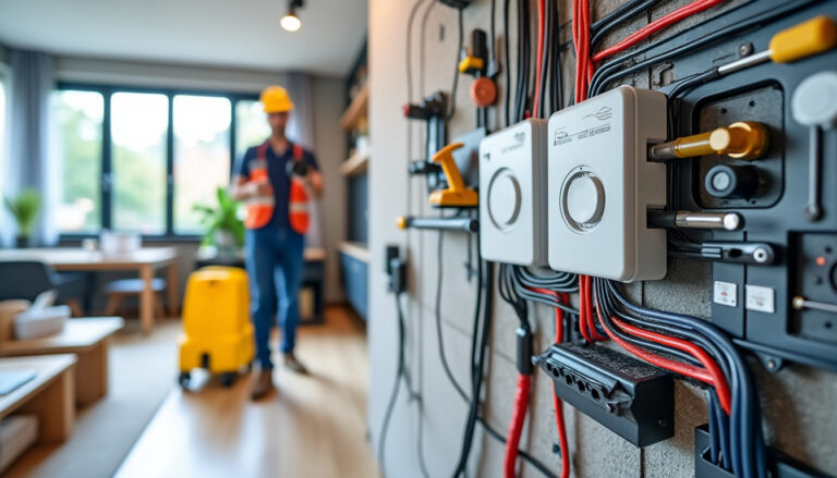 Électricien vérifiant un tableau électrique propre dans un logement rénové
