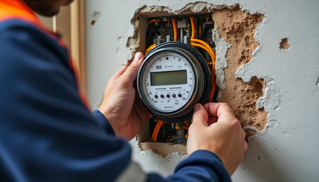 Compteur électrique encastré dans un mur d'un logement rénové, contrôlé par un électricien