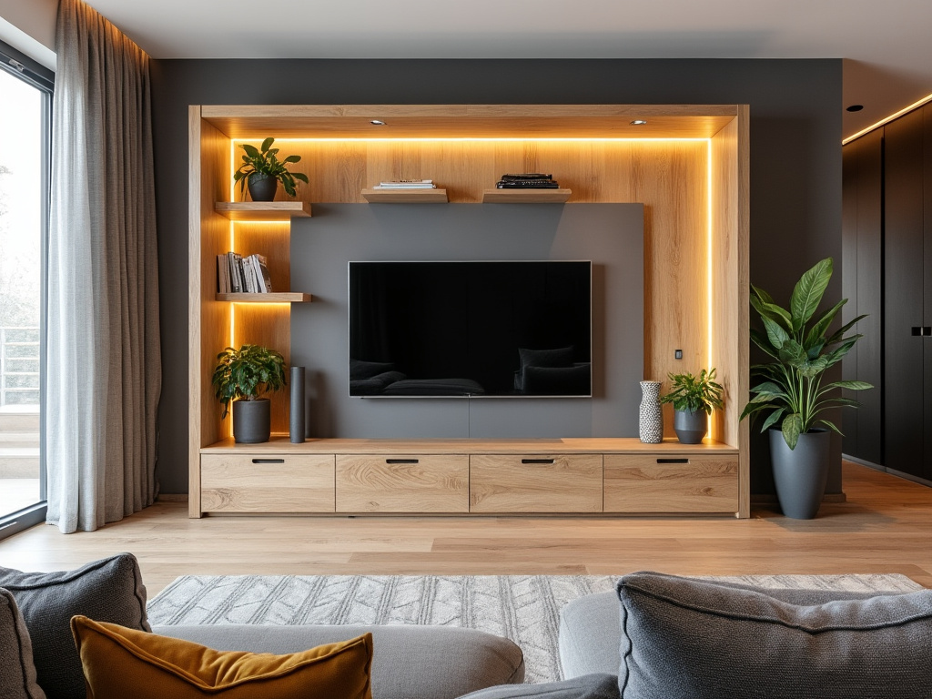 Meuble sur mesure dissimulant le compteur électrique et le tableau dans un salon
