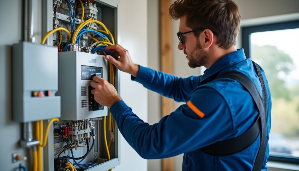 Électricien en pleine vérification d'un tableau électrique dans un logement rénové