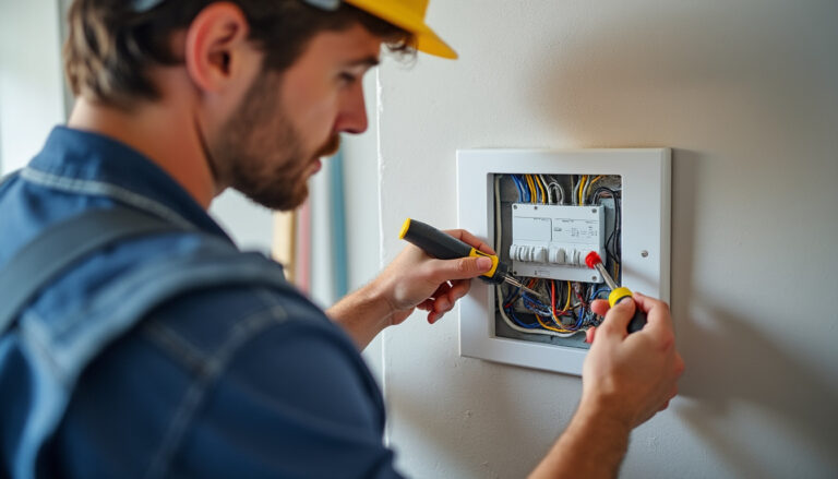 Tableau électrique propre et moderne avec électricien en intervention