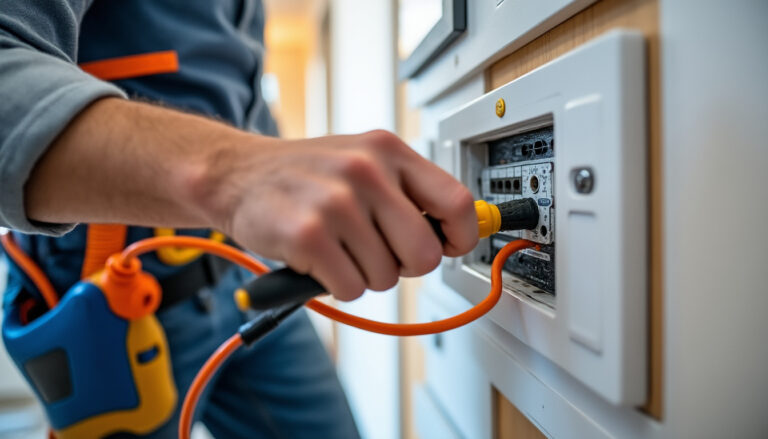 Électricien professionnel contrôlant un tableau électrique dans un logement rénové