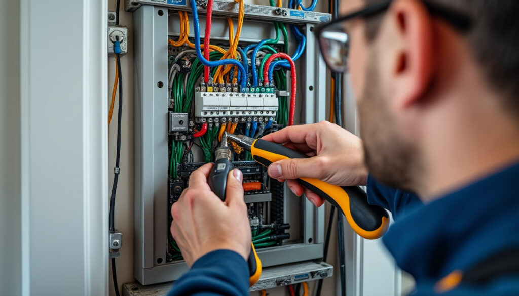 Tableau électrique propre avec électricien électricien avec outils dans un logement rénové