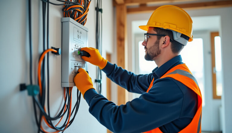Électricien vérifiant un tableau électrique dans une maison rénovée