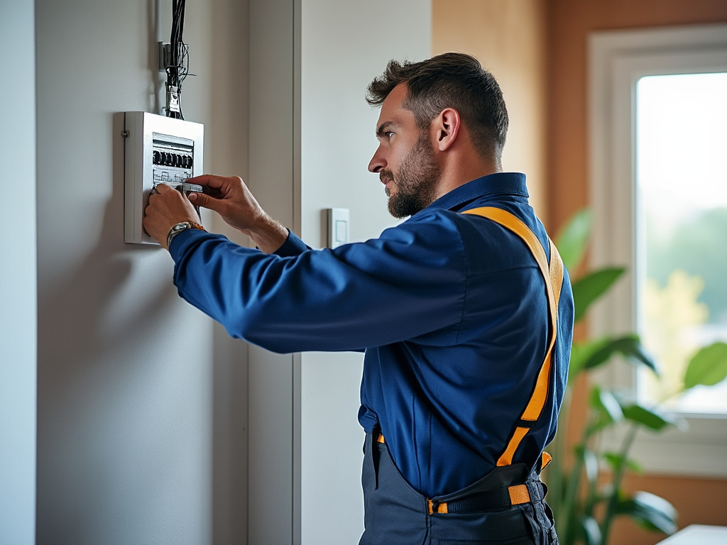 Électricien contrôlant un tableau électrique moderne dans un logement