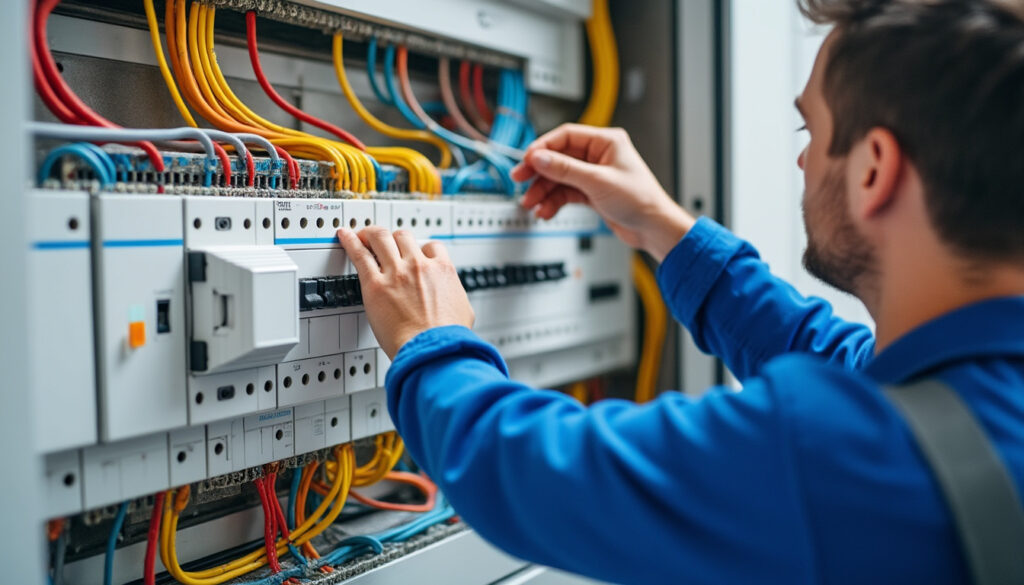 Tableau électrique propre avec disjoncteur différentiel et électricien contrôlant