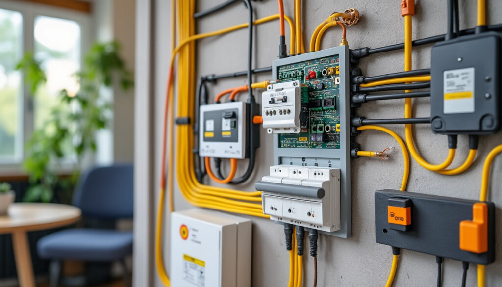 Tableau électrique rénové avec électricien effectuant un contrôle de sécurité