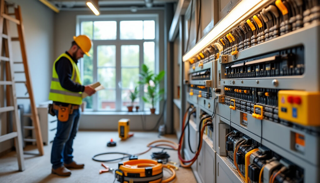 Tableau électrique moderne avec électricien et outils dans logement rénové