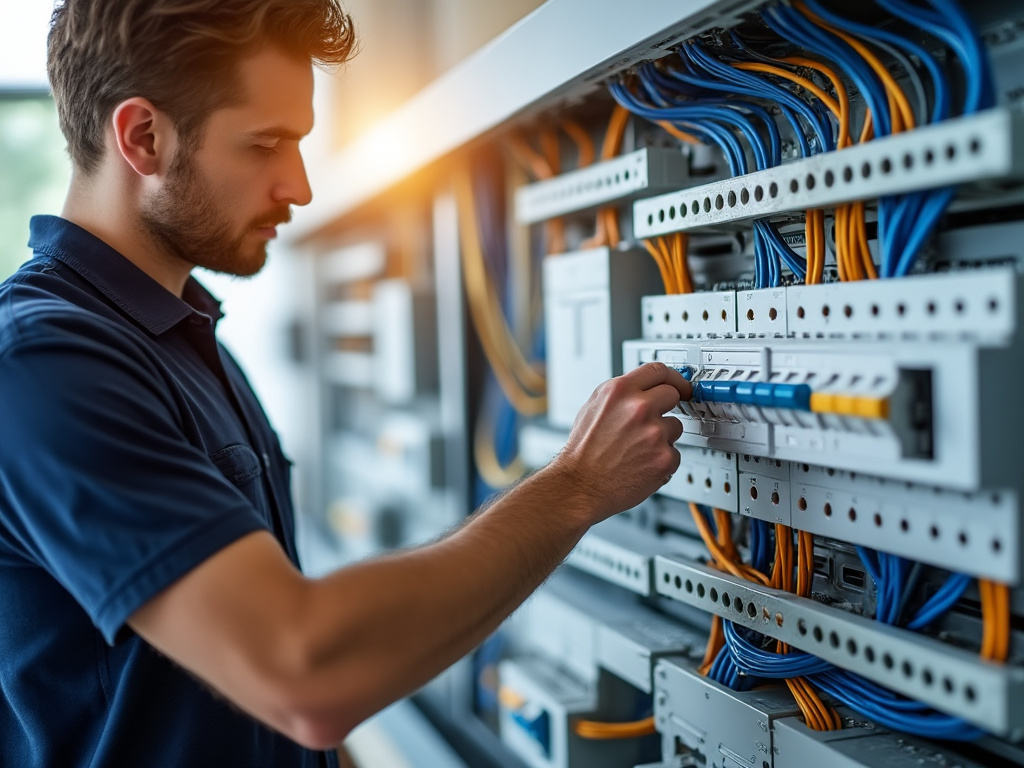 Électricien contrôlant un disjoncteur dans tableau électrique