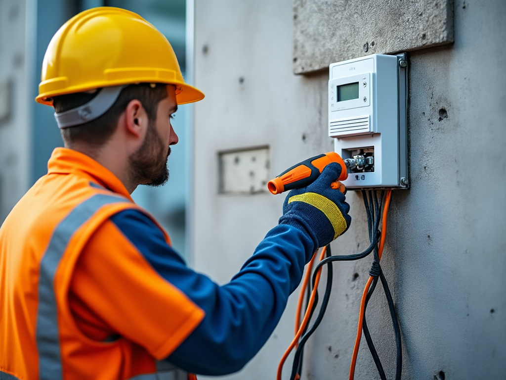 Électricien contrôlant la pose d'une goulotte tableau électrique