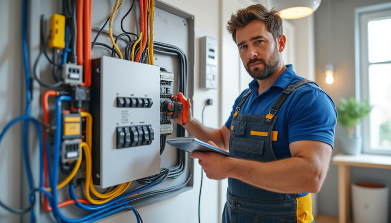 Tableau électrique propre et électricien en intervention dans un logement rénové