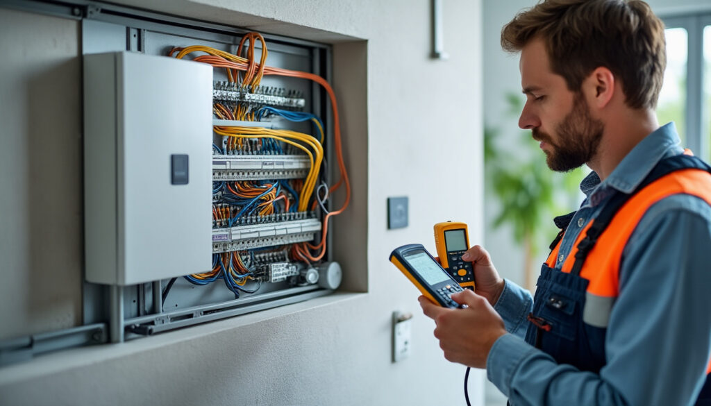 Tableau électrique propre avec électricien contrôlant la conformité