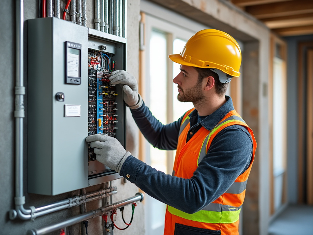 Électricien vérifiant une installation électrique dans une maison en construction