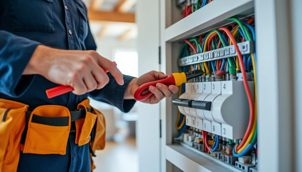 Tableau électrique propre dans un logement rénové avec électricien au travail