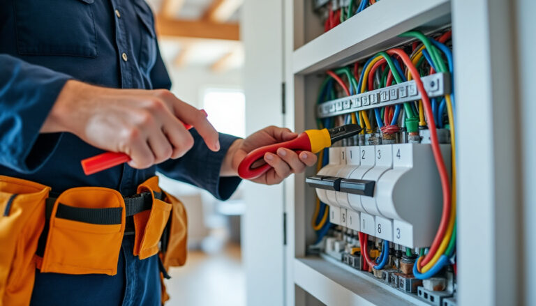 Tableau électrique propre dans un logement rénové avec électricien au travail