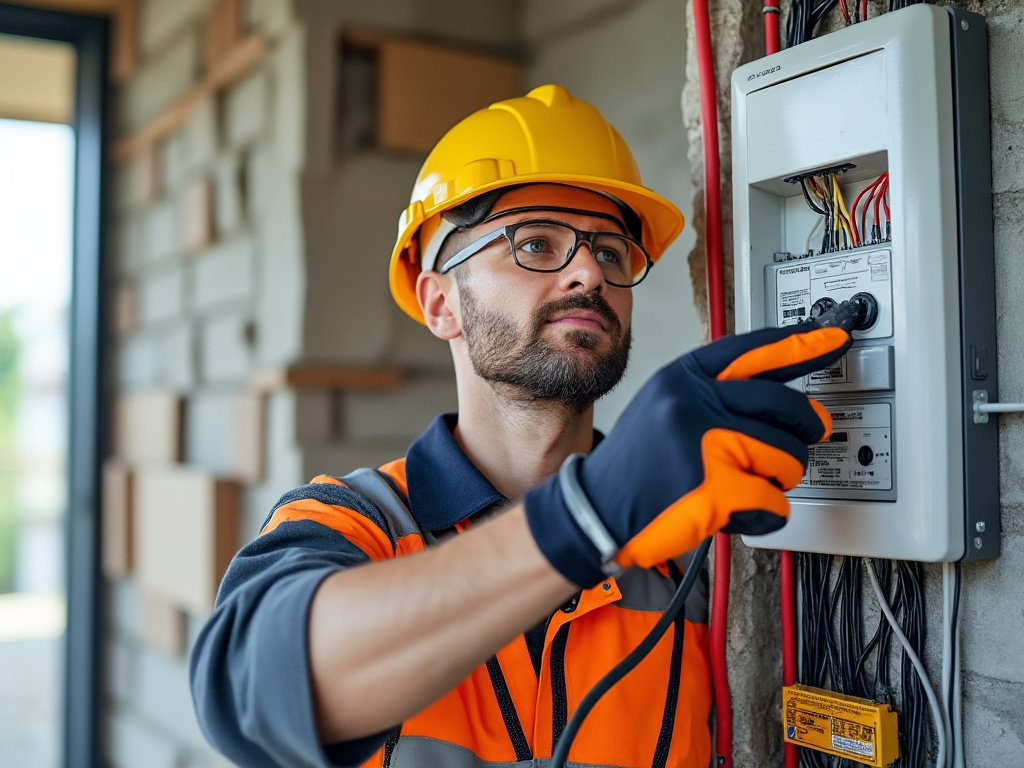 Électricien contrôlant la terre d’une installation électrique dans un logement