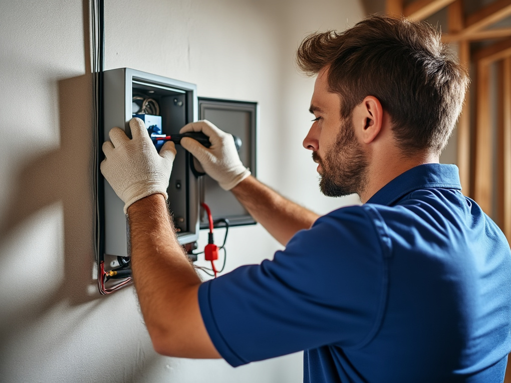 Électricien contrôlant un coffret électrique dans un logement