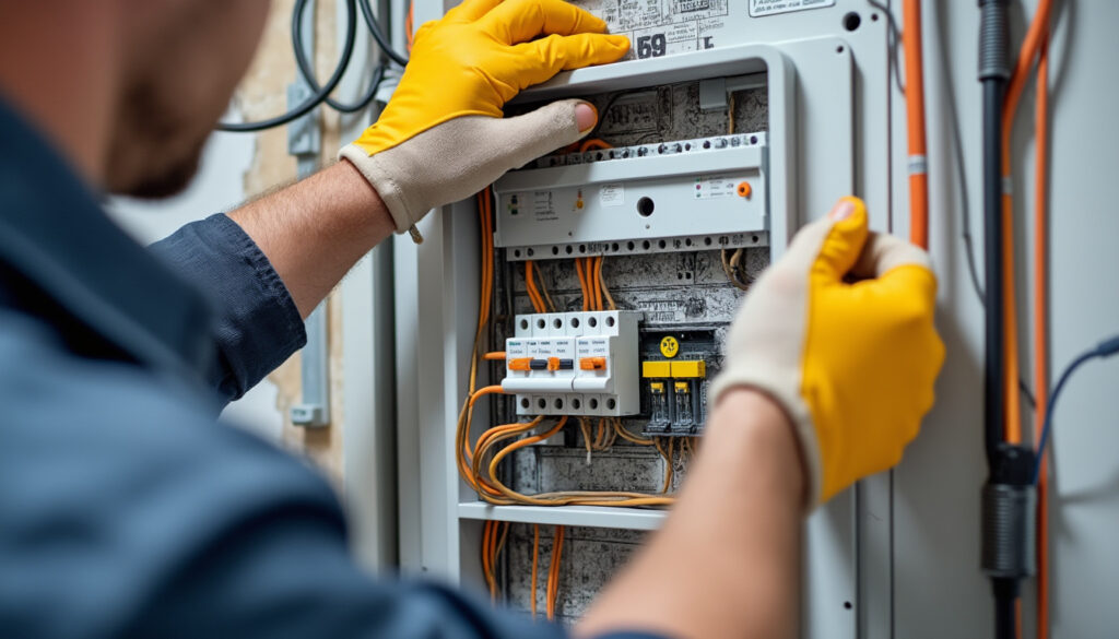 Électricien professionnel en intervention sur un tableau électrique propre