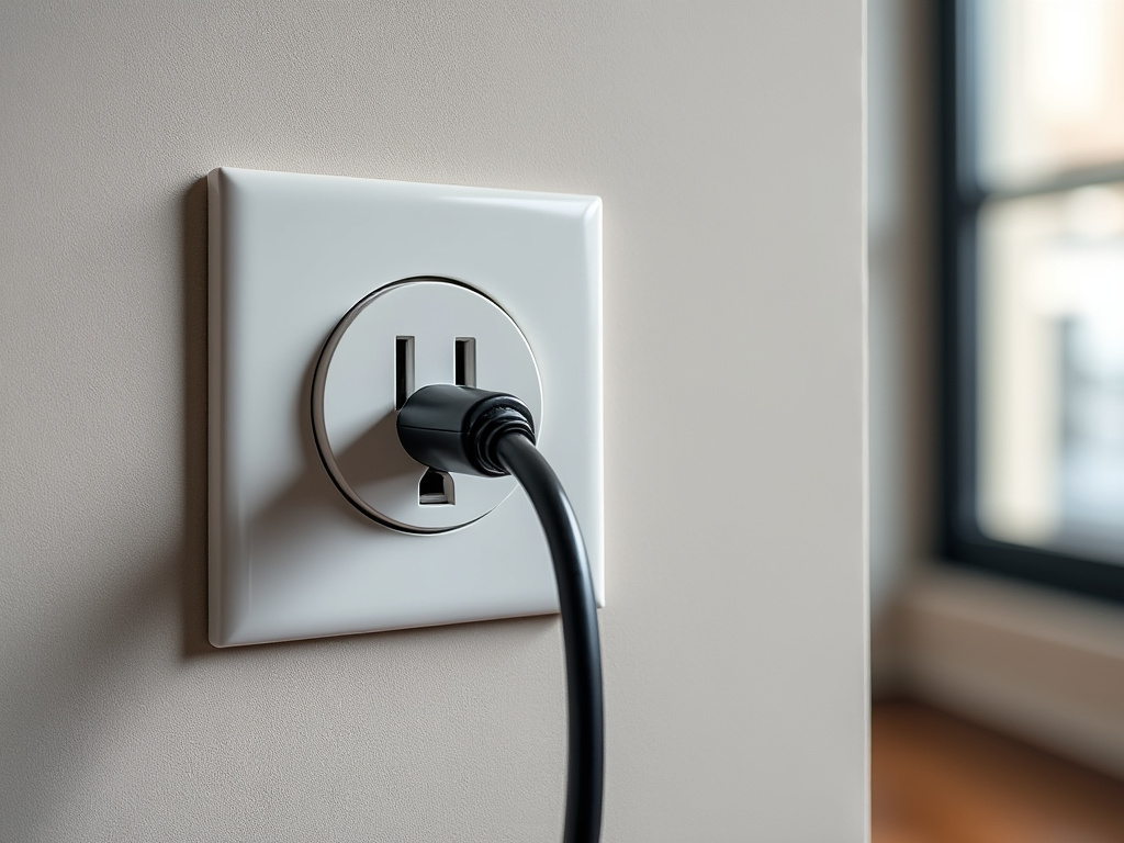 Prise électrique avec fil de terre visible dans un logement rénové