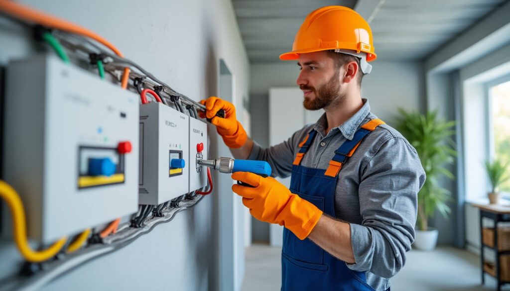 Tableau électrique moderne propre dans un logement rénové sous contrôle d’un électricien