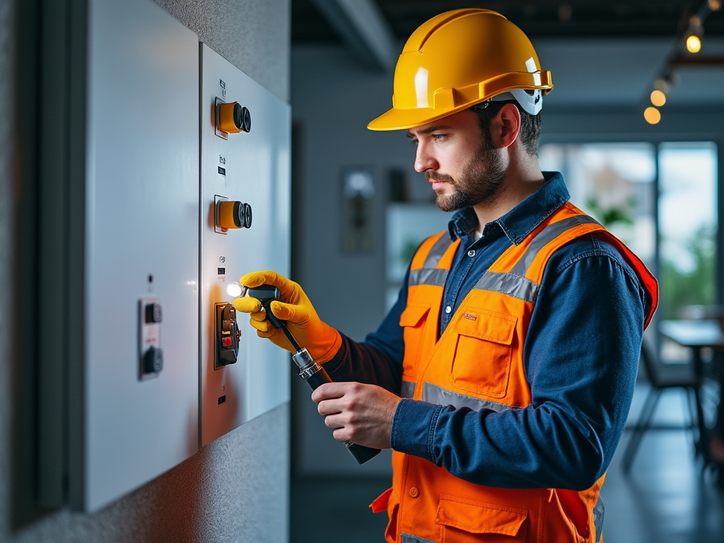 Électricien réalisant un contrôle sécurité électrique sur un tableau dans un logement