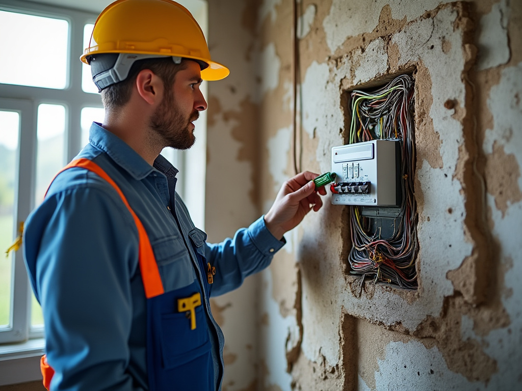 Électricien vérifiant un tableau électrique ancien