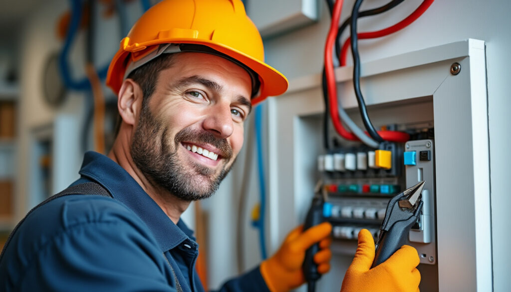 Électricien devant un tableau électrique propre dans un logement rénové