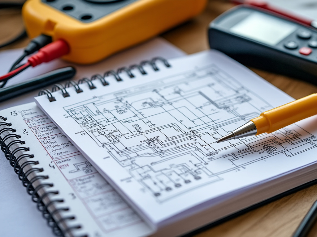 Schéma électrique flouté sur un carnet avec outils d’électricien