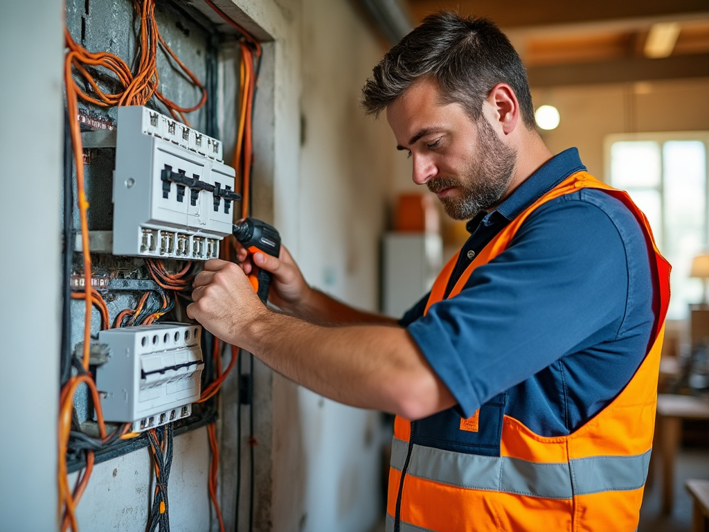 Électricien contrôlant un tableau électrique lors d'une rénovation