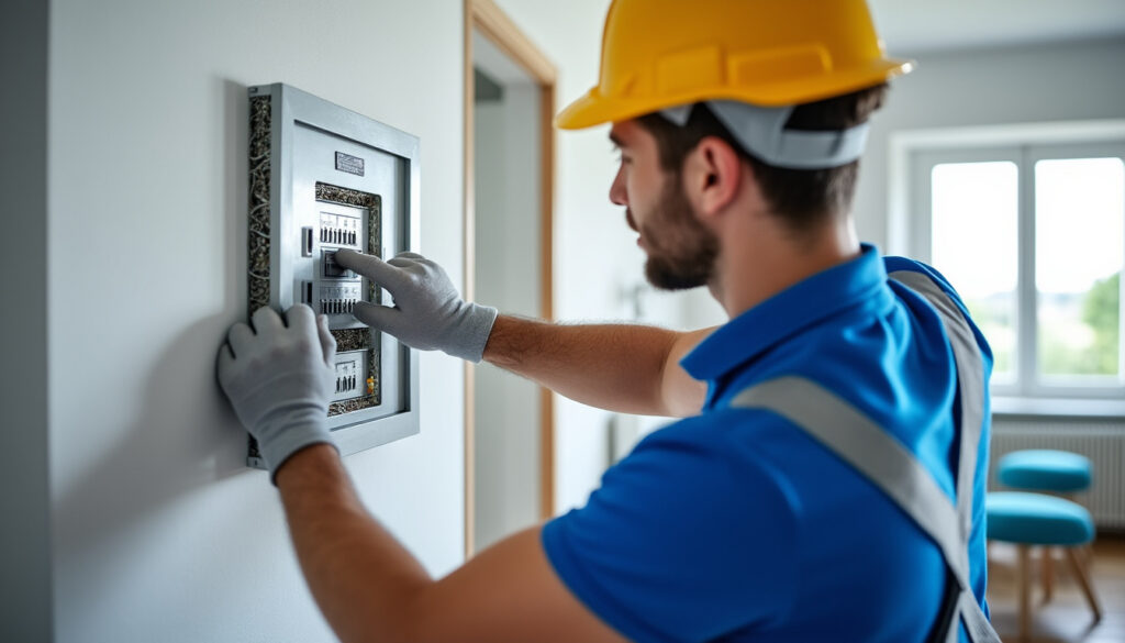 Électricien contrôlant un tableau électrique propre dans un logement rénové