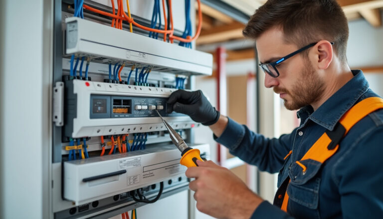 Tableau électrique avec disjoncteur différentiel, électricien en intervention
