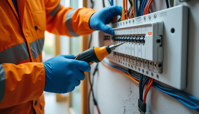 Tableau électrique rénové et technicien en électricité en contrôle