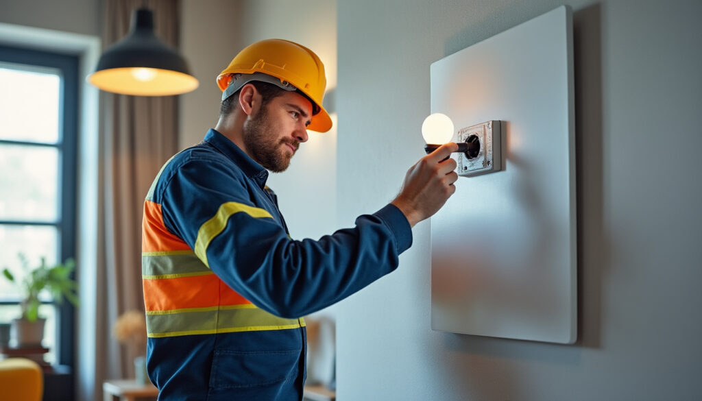 Électricien contrôlant un tableau électrique dans un logement rénové